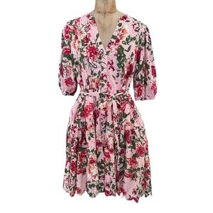 Gibson Latimer Floral Pink Eyelet Lace Mini Dress With Waist Tie Size L Preowned